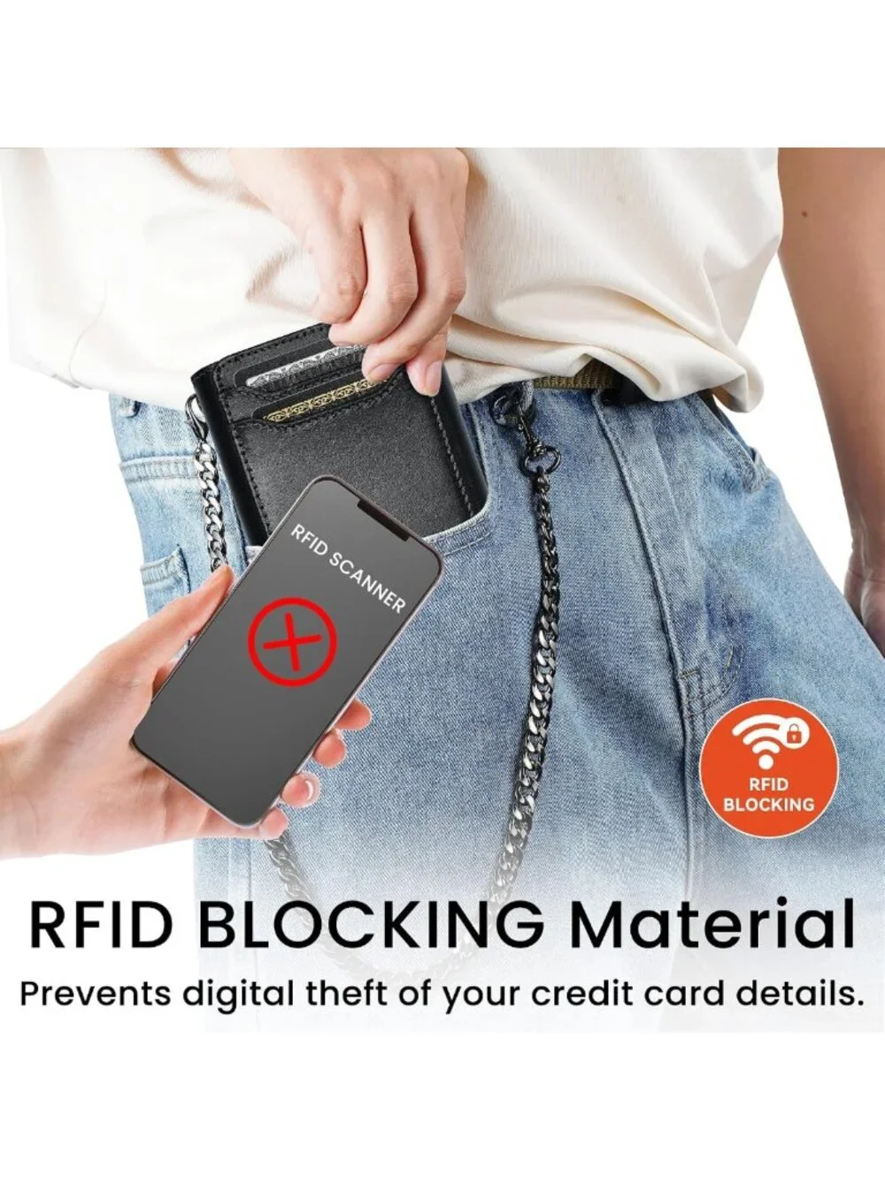 Genuine Leather Trifold Wallet for Men | RFID Blocking, Chain, Zipper Coin